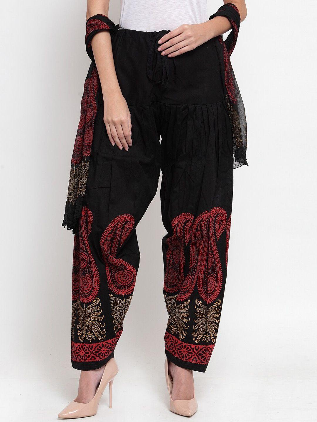 clora creation women black & red ethnic motif printed pure cotton salwar and dupatta