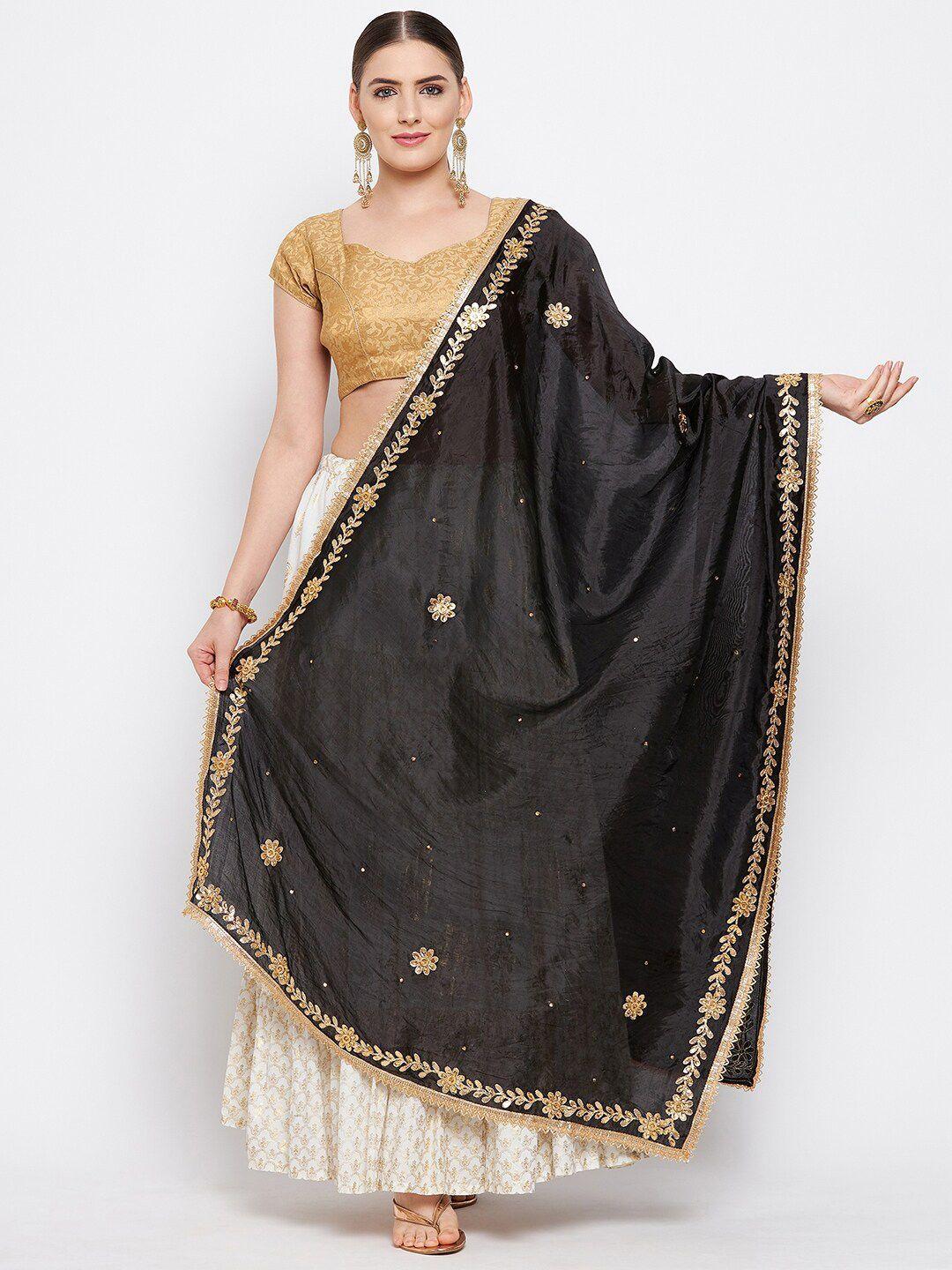 clora creation women black&gold-toned embellished silk blend dupatta with beads and stones