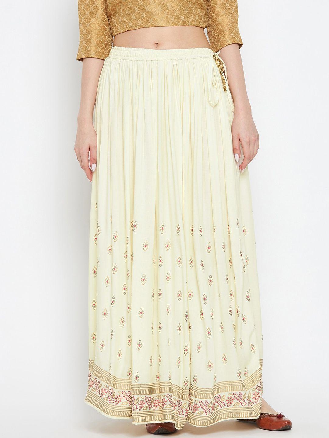 clora creation women cream-coloured & gold-coloured printed flared maxi skirt