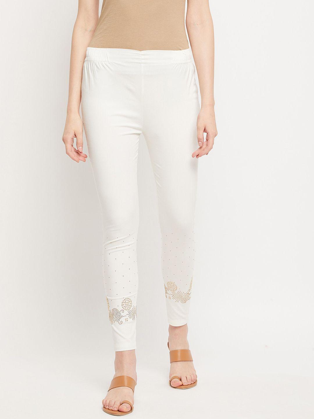 clora creation women cream-coloured floral embroidered smart easy wash cotton trousers