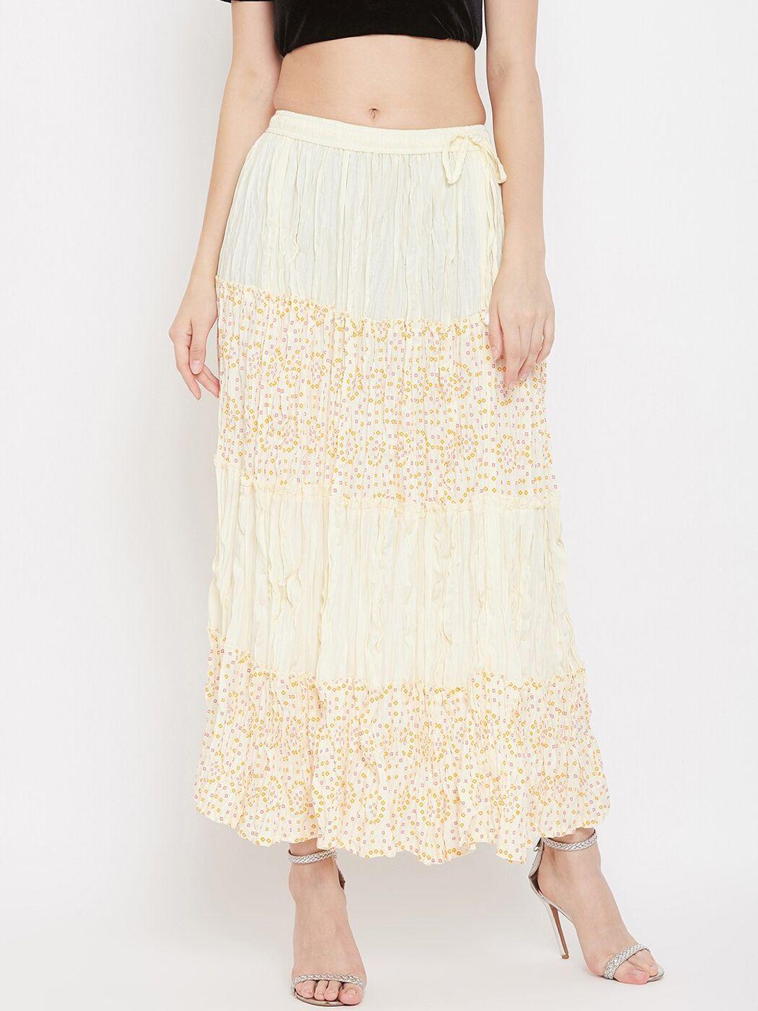 clora creation women cream-coloured printed tiered maxi skirt