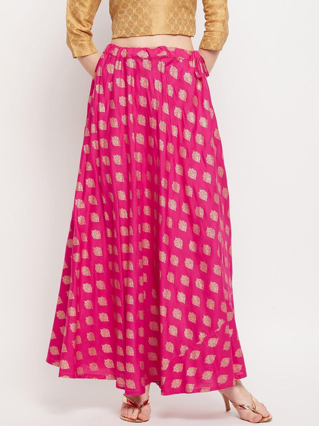 clora creation women magenta & gold-coloured printed flared maxi skirt