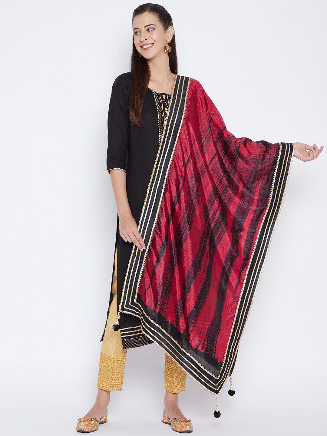 clora creation women maroon & black striped tie & dye dupatta with gotta patti