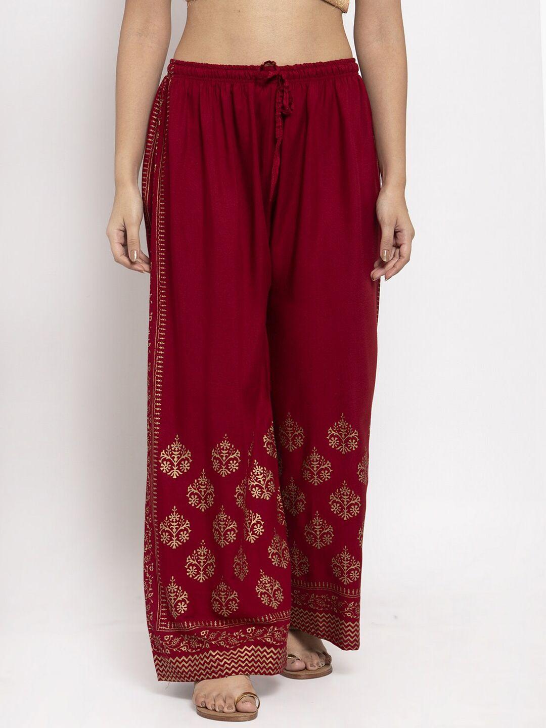 clora creation women maroon & gold-toned floral printed ethnic palazzos
