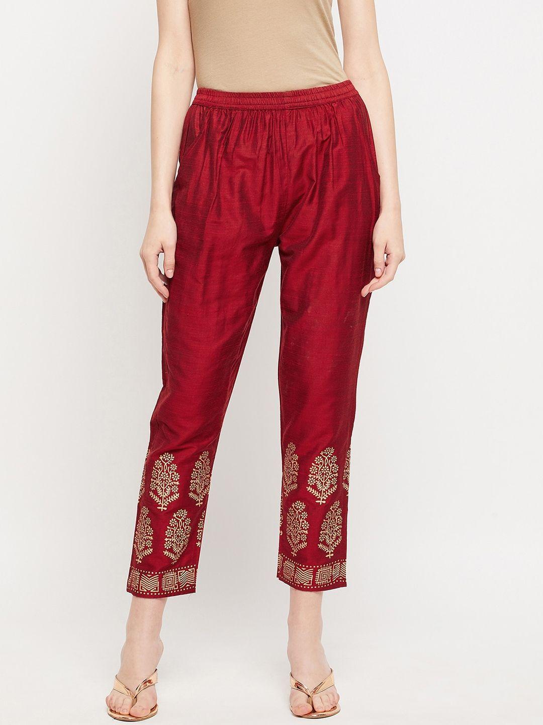 clora creation women maroon ethnic motifs printed cotton silk trousers