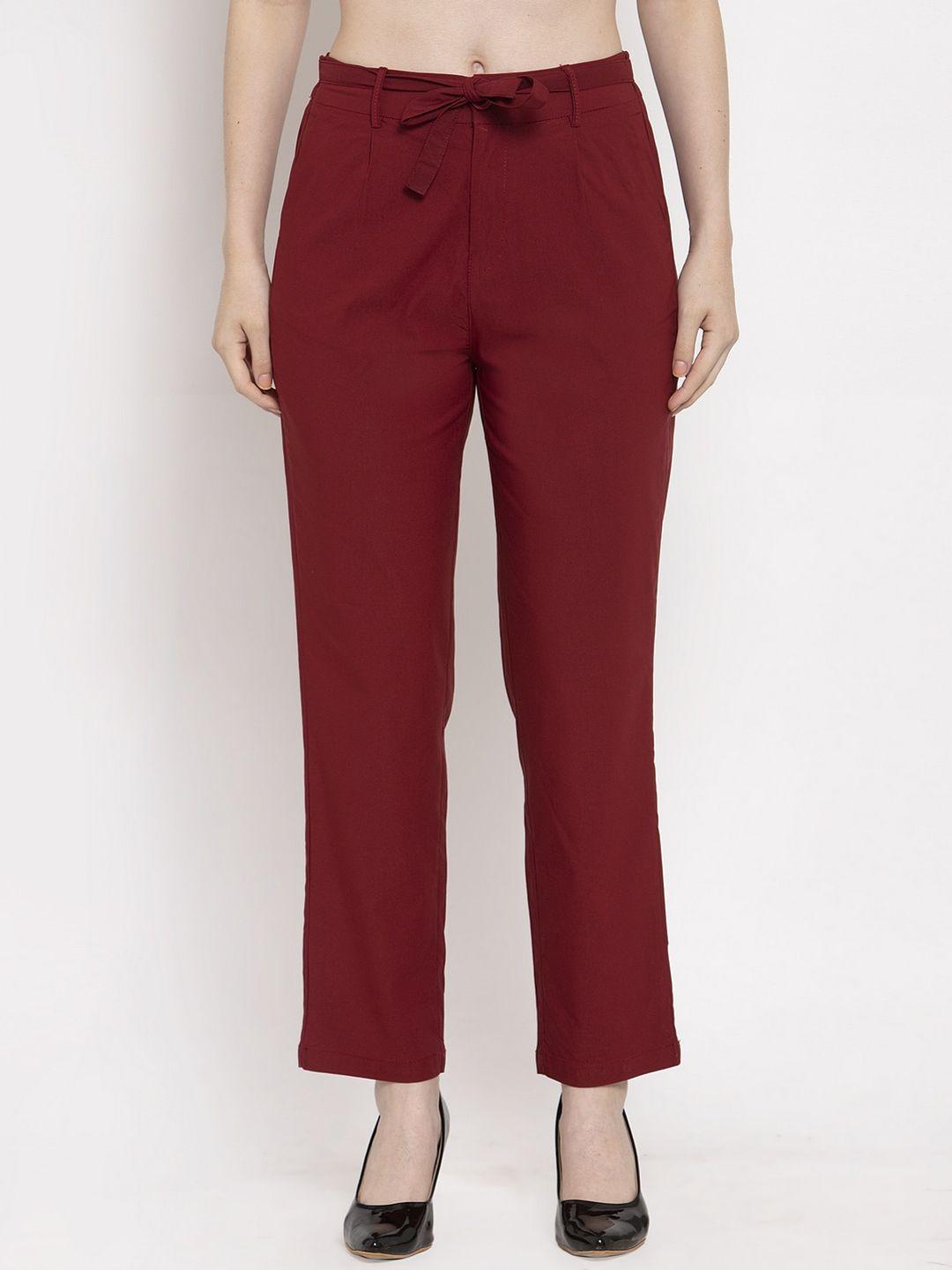 clora creation women maroon smart straight fit easy wash pleated cotton trousers
