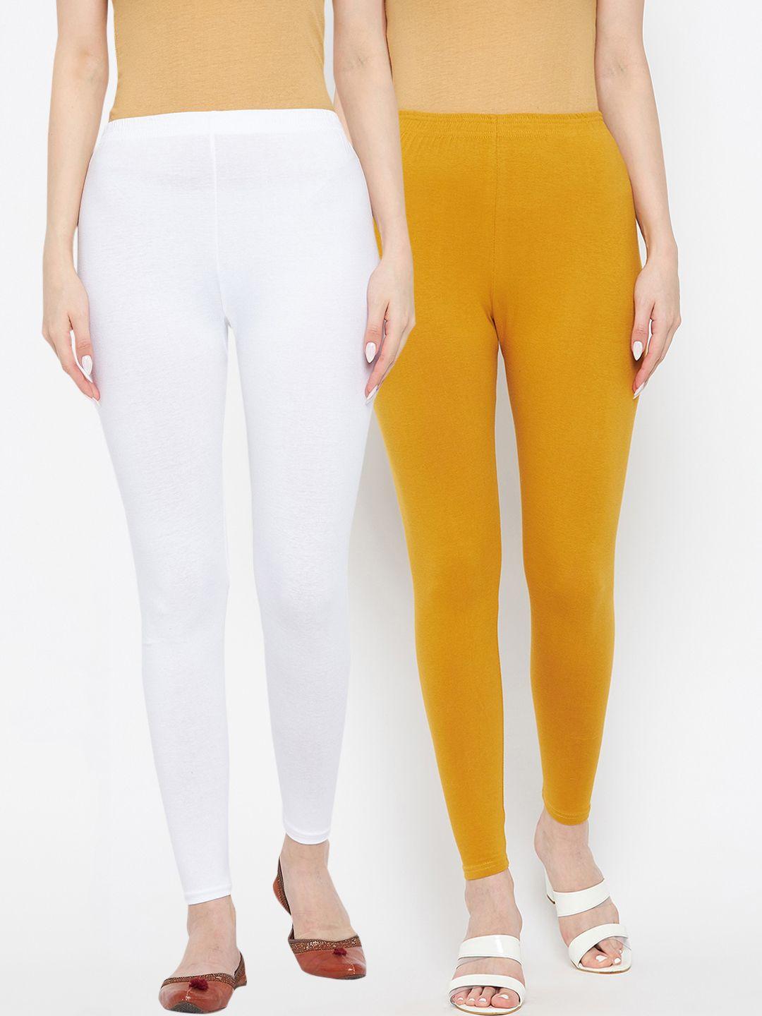 clora creation women mustard & off-white pack of 2 solid ankle-length leggings
