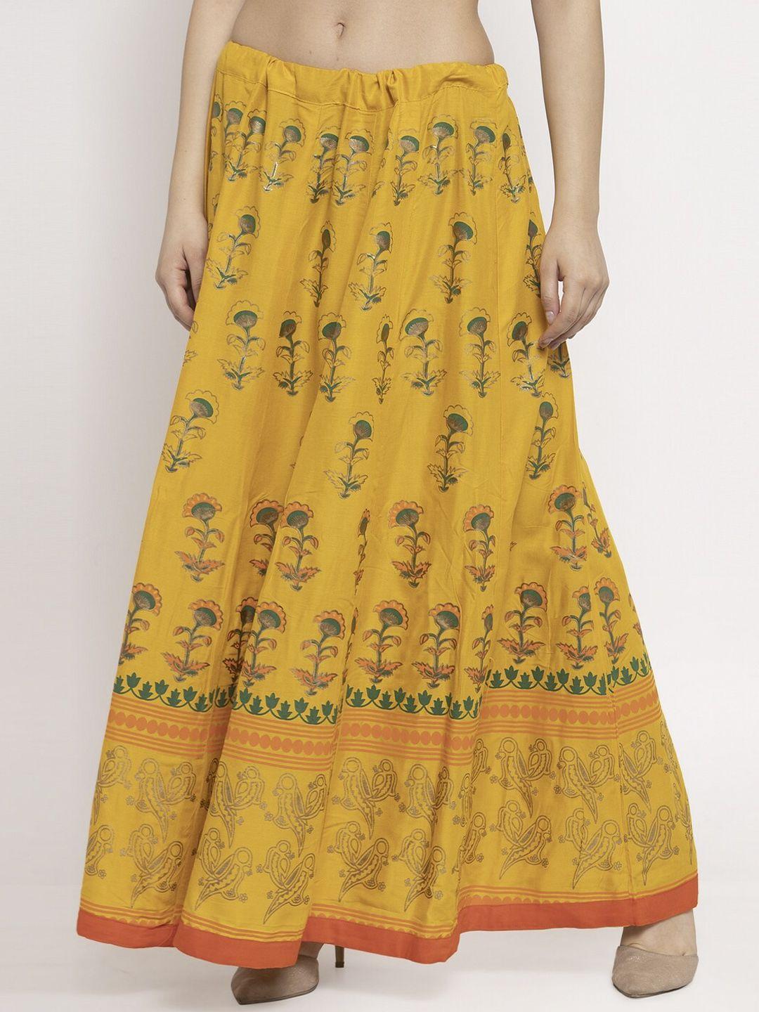 clora creation women mustard yellow & gold floral print flared maxi skirt