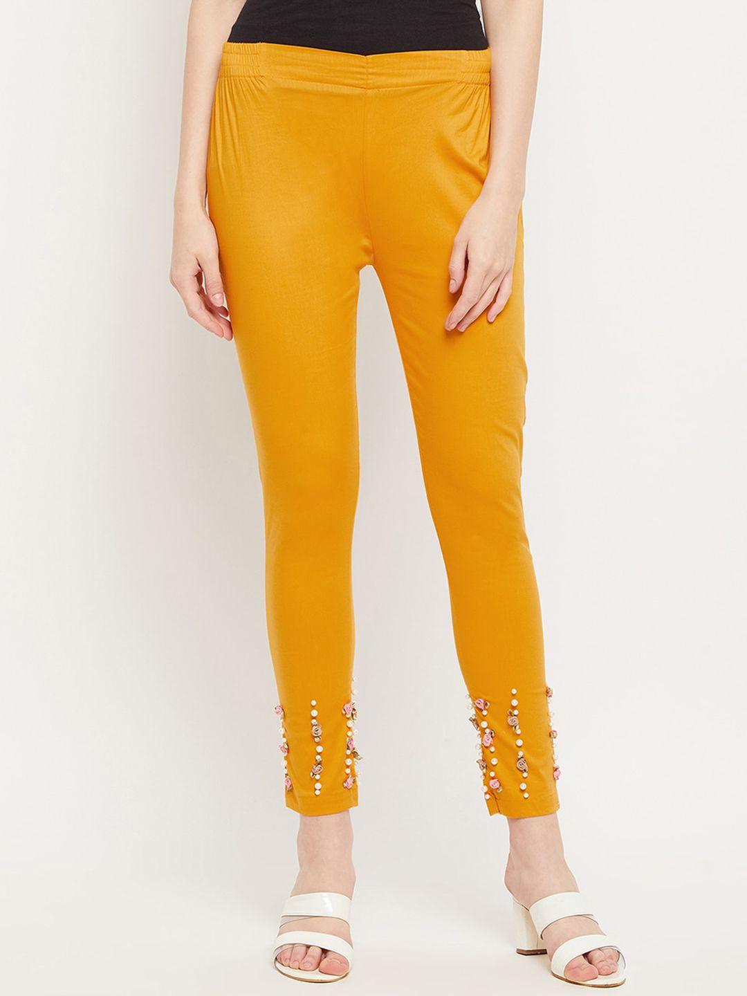 clora creation women mustard yellow embroidered smart easy wash cotton cigarette trousers