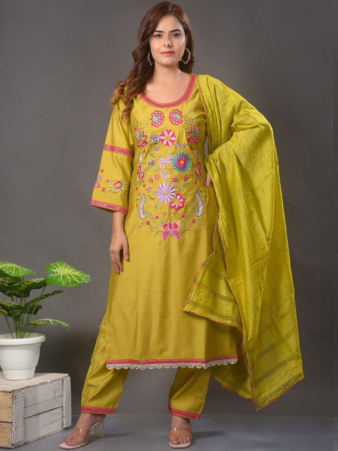 clora creation women mustard yellow floral embroidered regular kurta with palazzos & with dupatta