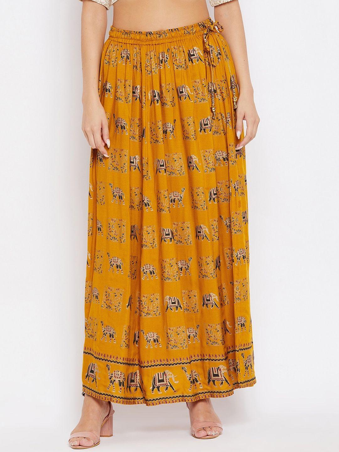 clora creation women mustard yellow printed maxi length flared skirt