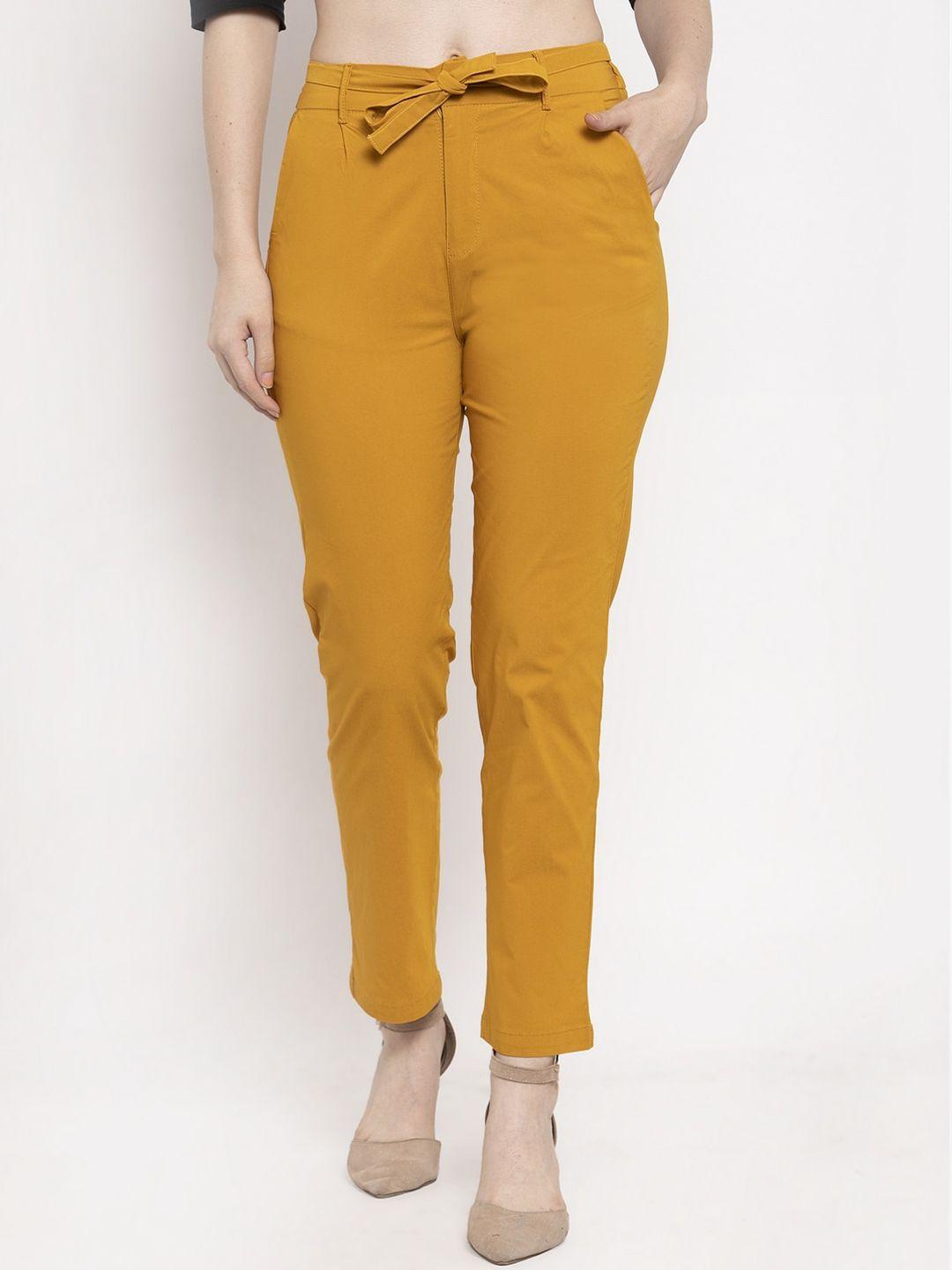 clora creation women mustard yellow smart straight fit cotton trouser