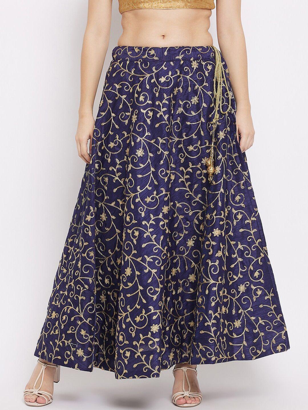 clora creation women navy blue & gold-coloured embroidered flared maxi skirt
