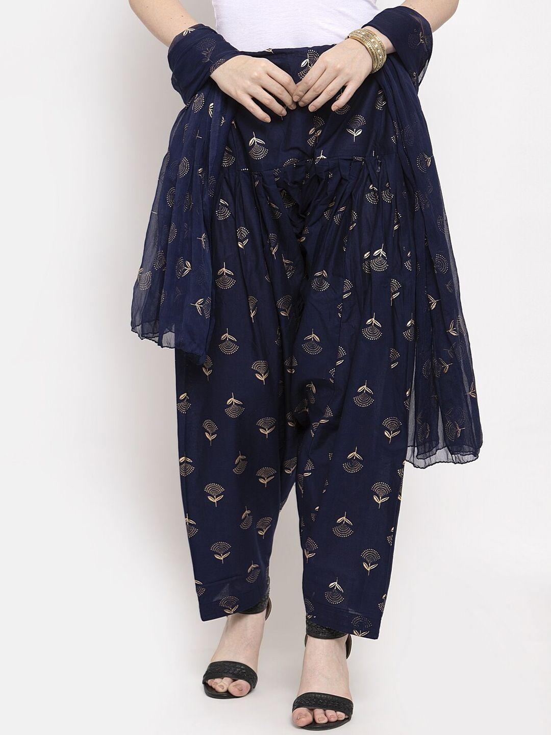 clora creation women navy blue & gold-coloured printed loose-fit salwar dupatta set
