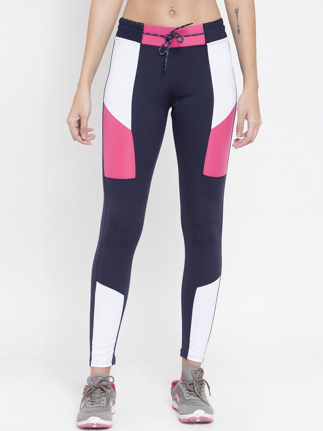 clora creation women navy blue & pink colourblocked slim-fit training tights