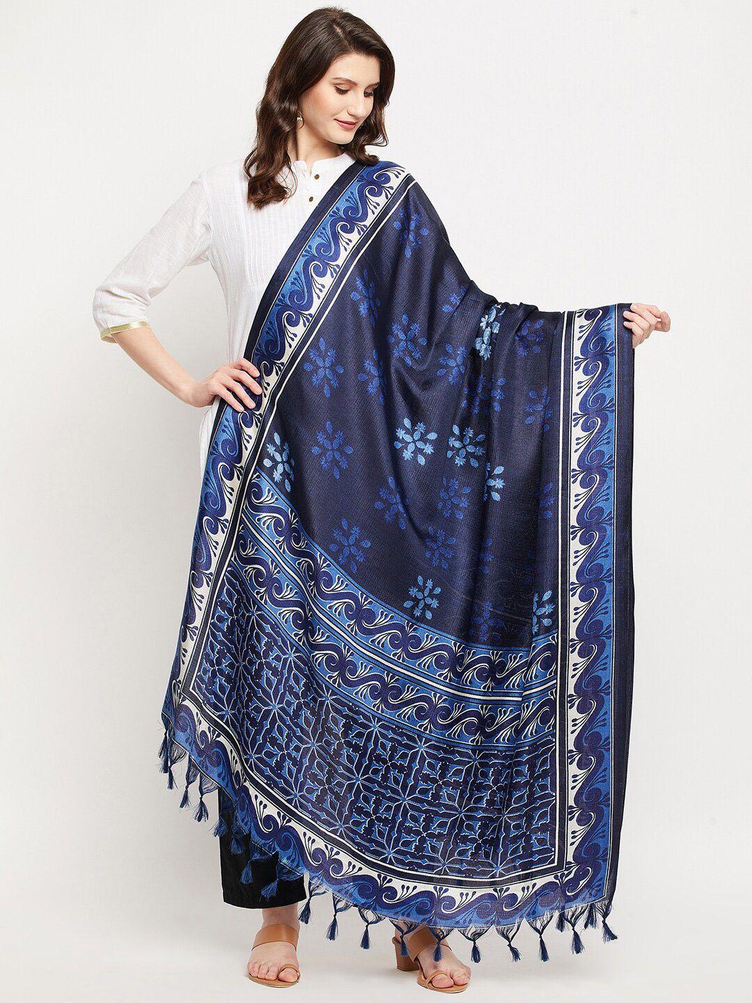 clora creation women navy blue & white printed silk blend dupatta