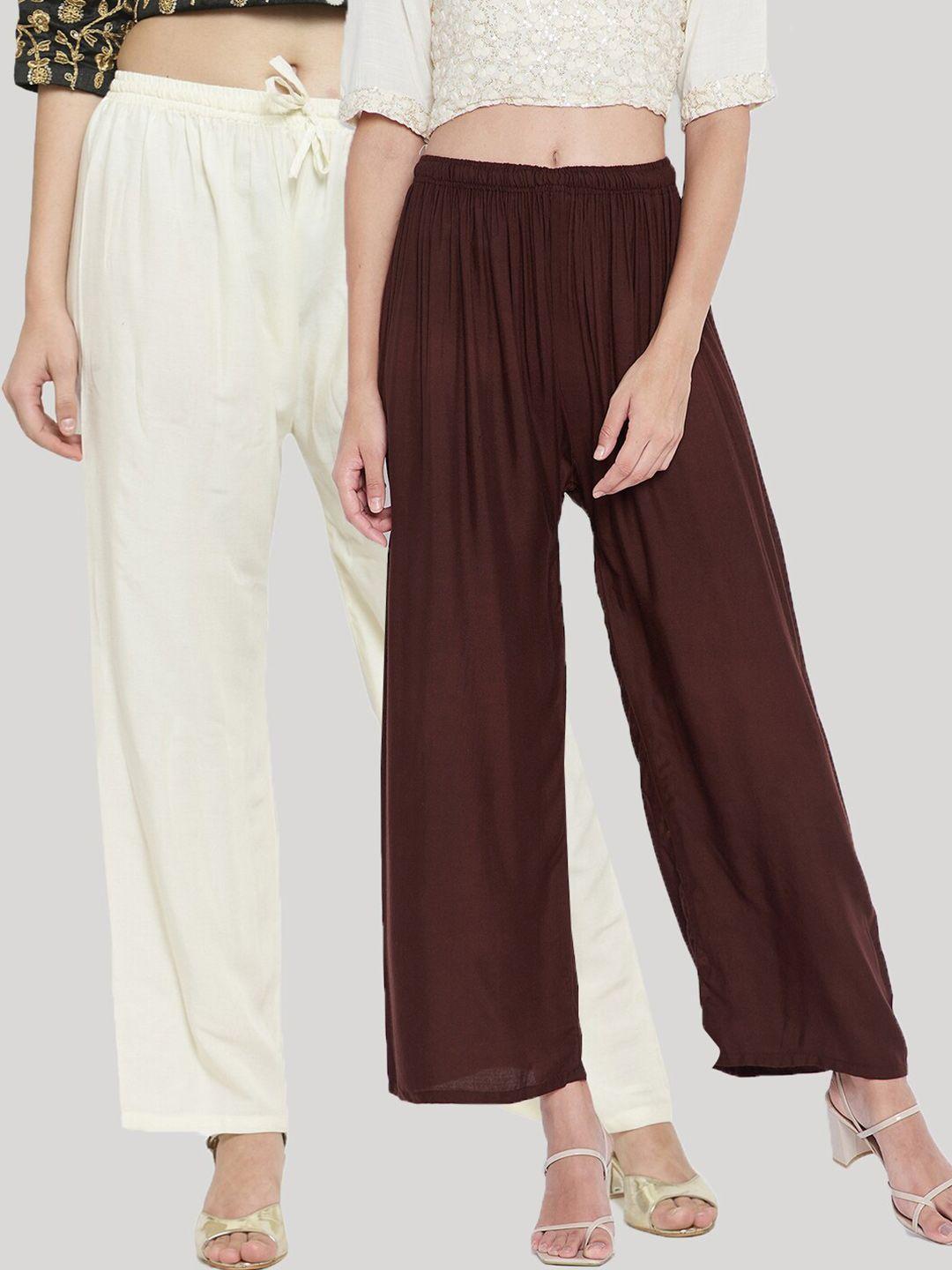 clora creation women off white & brown pack of 2 flared ethnic palazzos