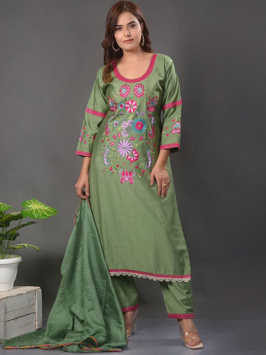 clora creation women olive green floral embroidered regular kurta with palazzos & with dupatta