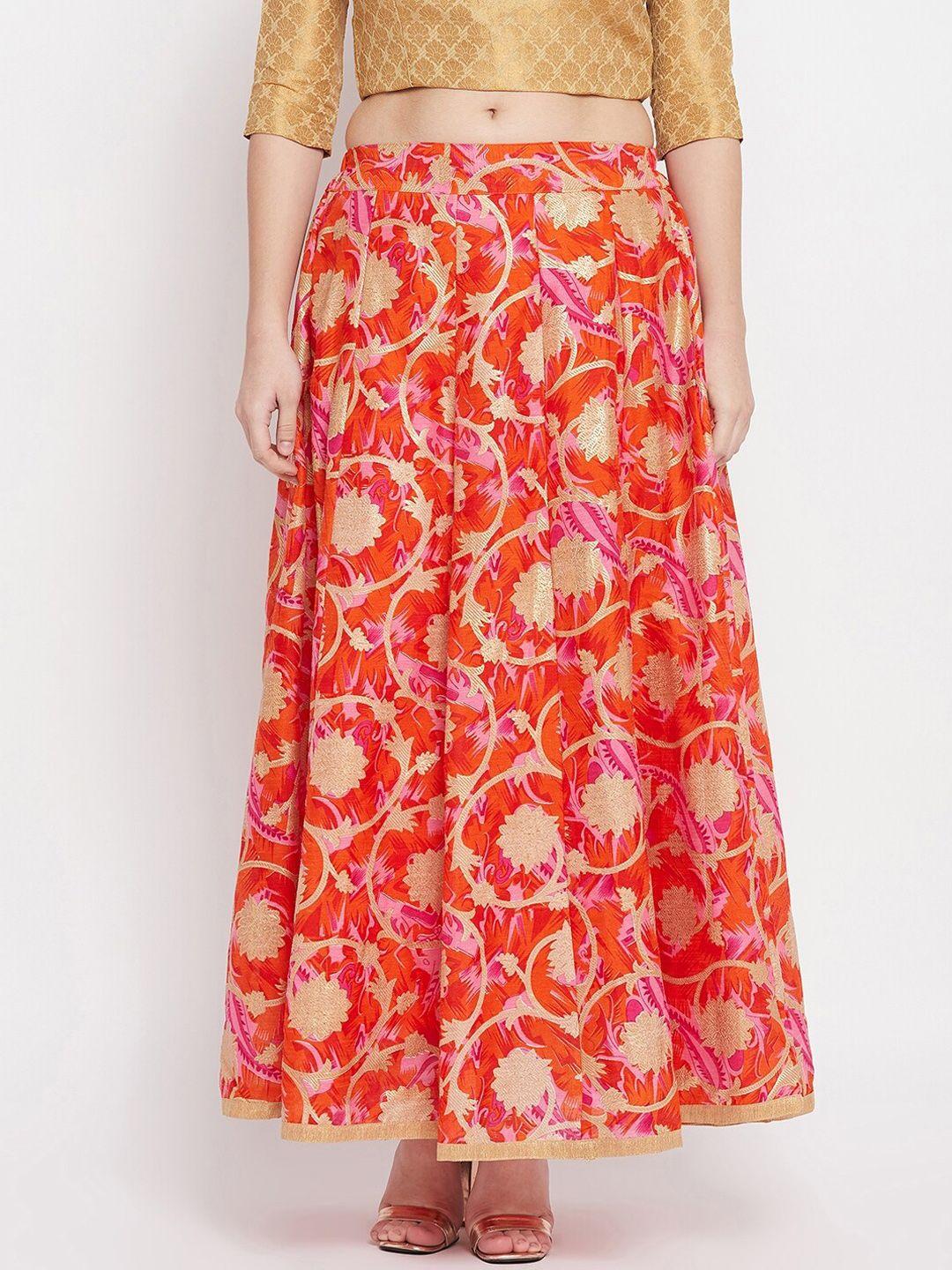 clora creation women orange & pink floral printed flared maxi skirt