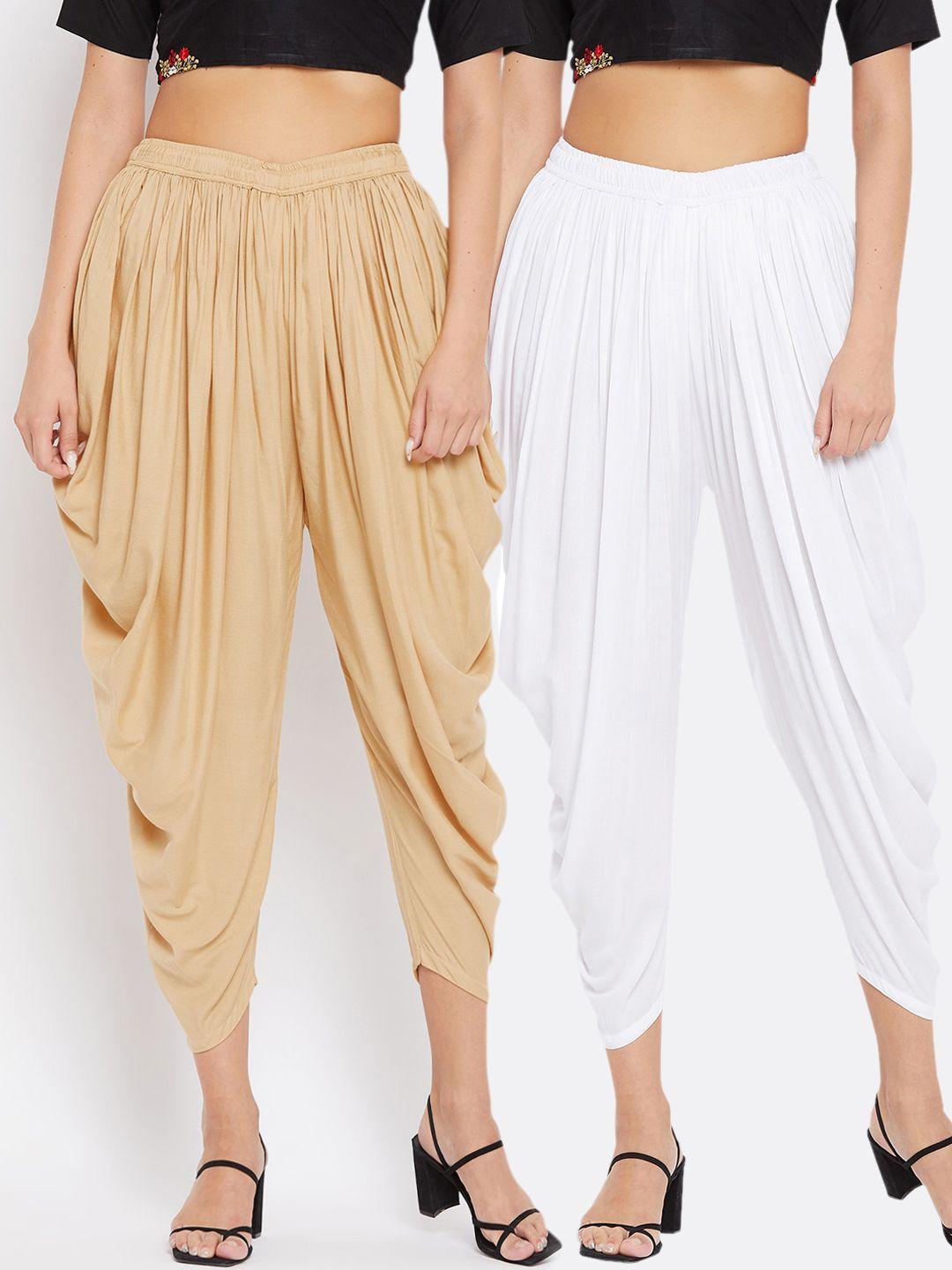 clora creation women pack of 2 beige & white solid dhoti pants