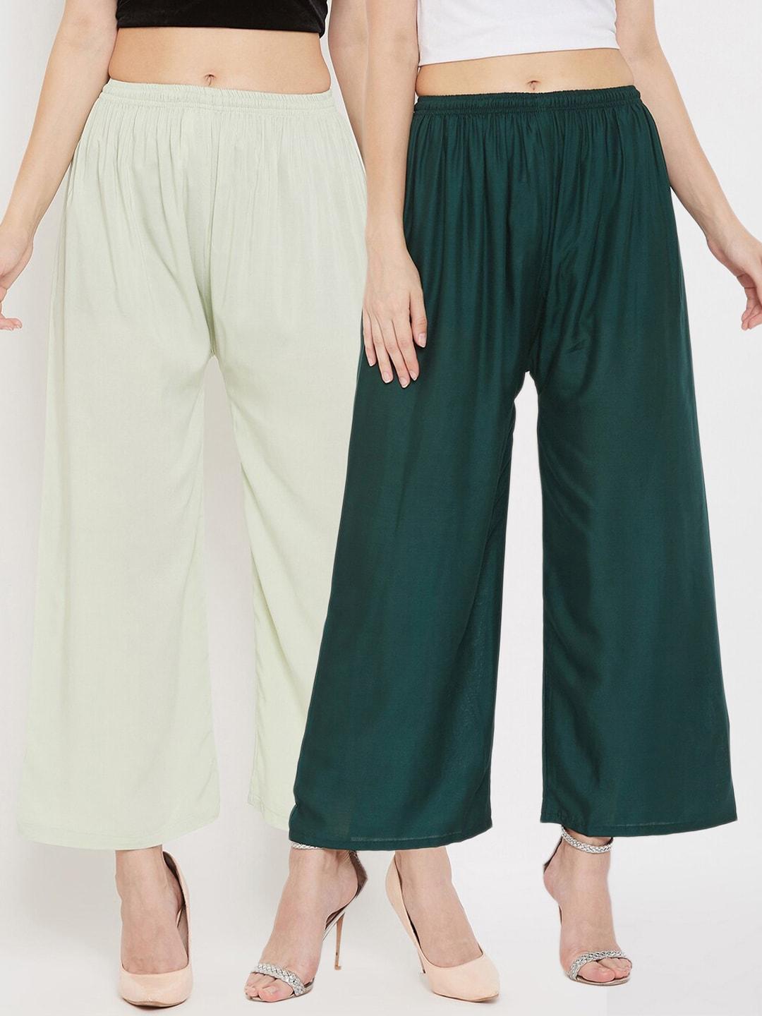 clora creation women pack of 2 green & off white knitted ethnic palazzos
