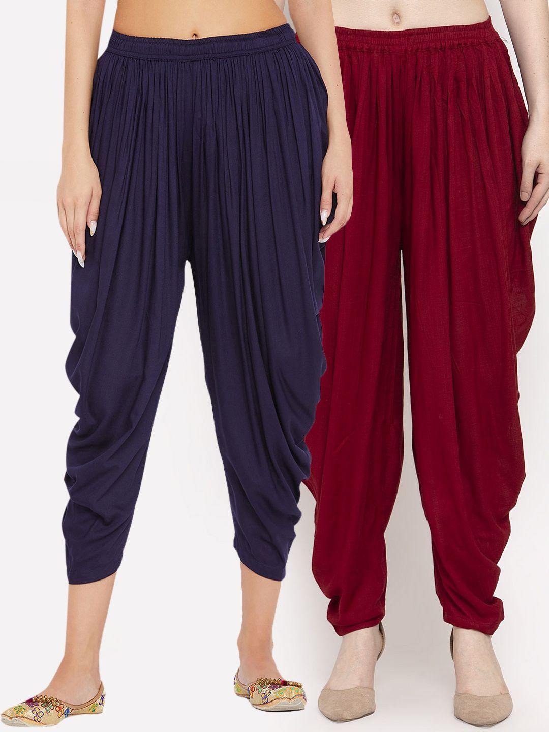 clora creation women pack of 2 navy blue & maroon solid dhoti pants