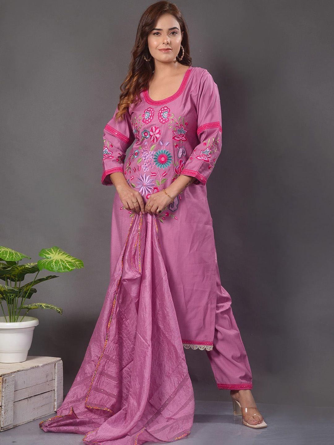 clora creation women pink floral embroidered regular kurta with palazzos & with dupatta