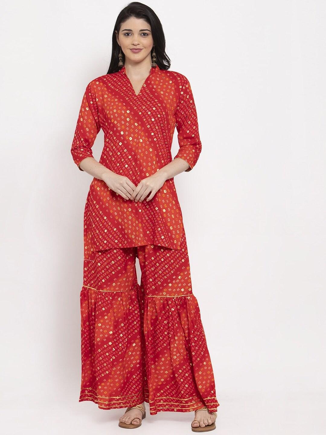 clora creation women red printed kurti with sharara