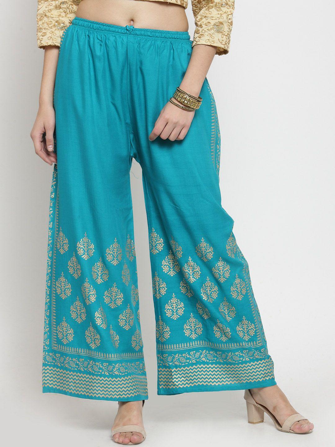 clora creation women turquoise blue printed straight palazzos