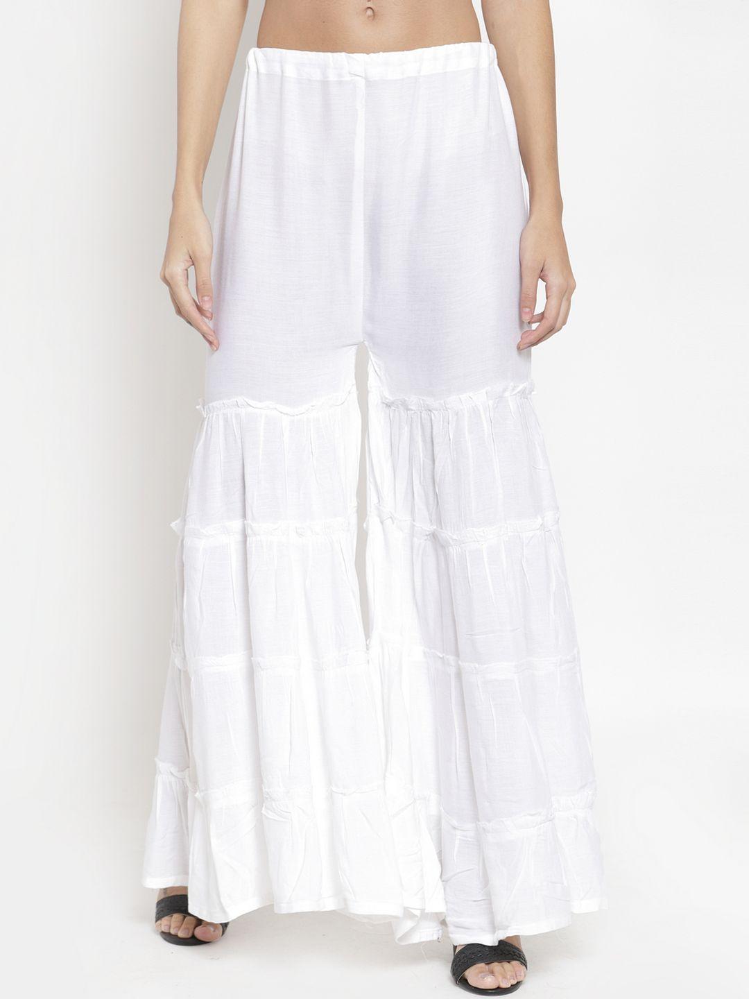 clora creation women white solid flared tiered palazzos
