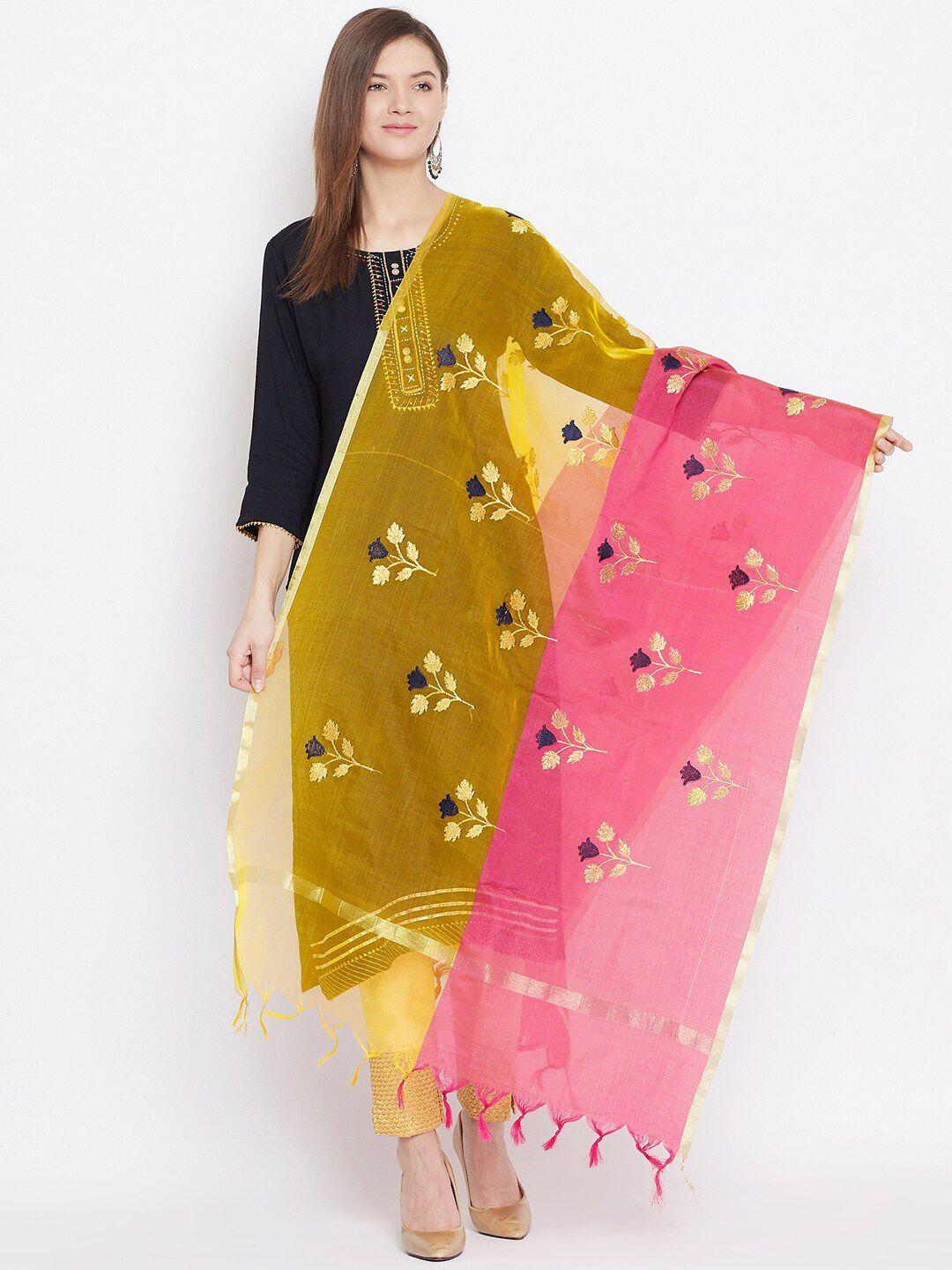 clora creation women yellow & pink floral embroidered dupatta