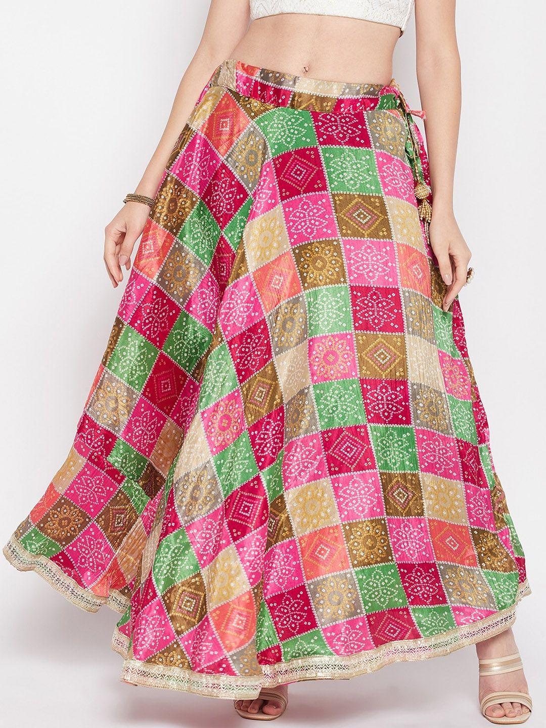 clora creation bandhani printed flared maxi skirt