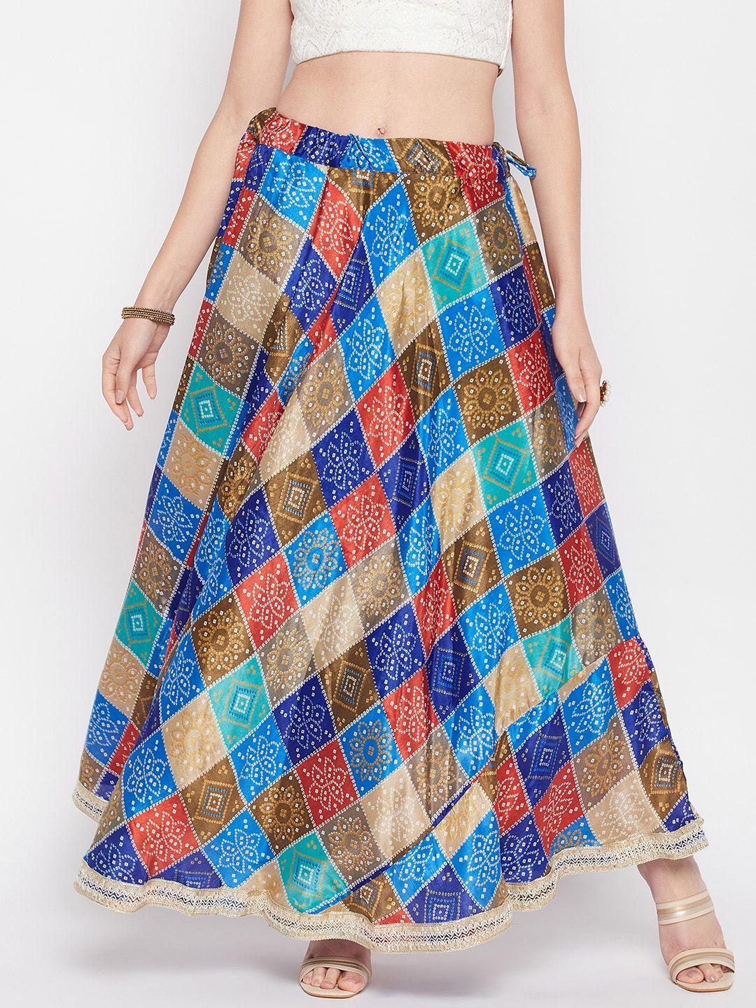 clora creation bandhani printed flared maxi skirt