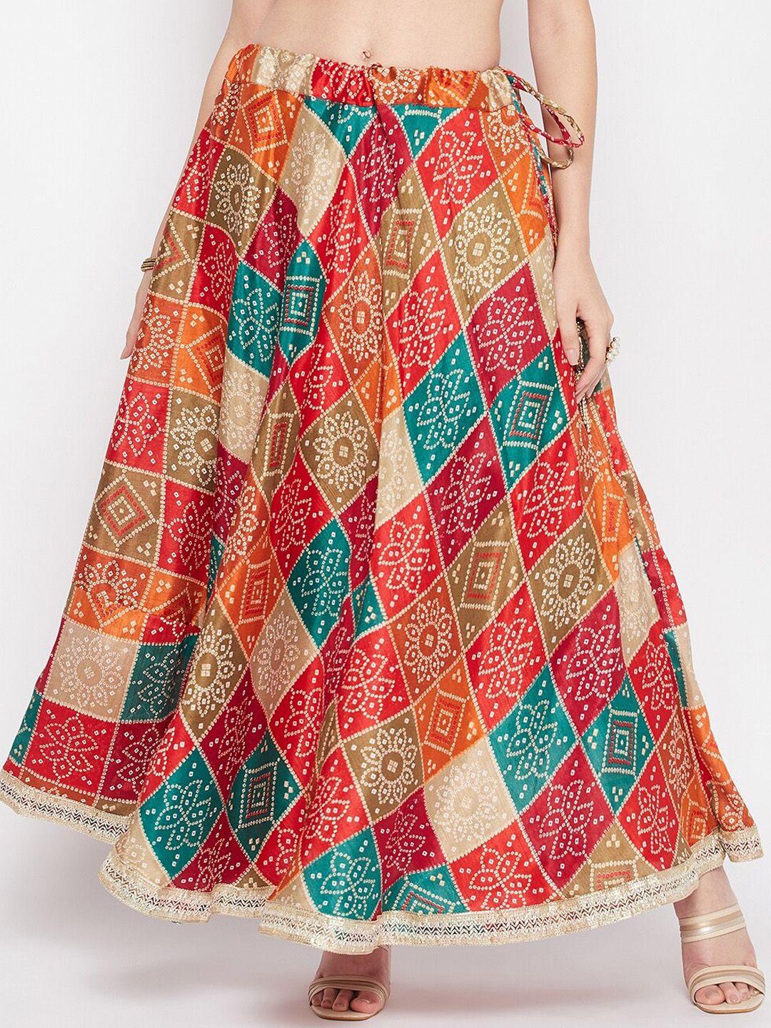 clora creation bandhani printed flared maxi skirt