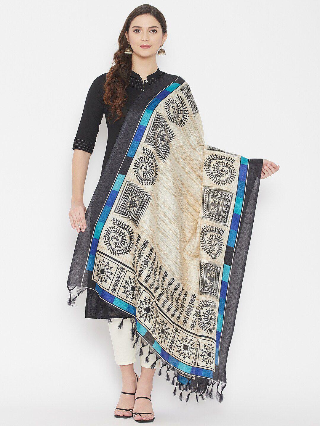 clora creation beige & blue printed dupatta