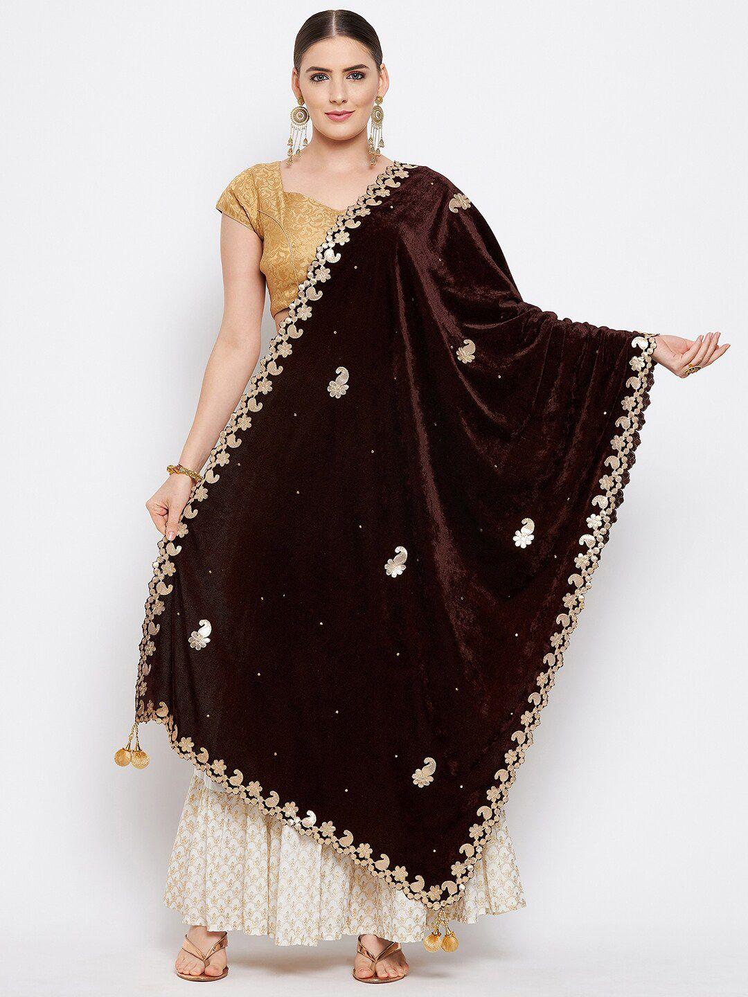 clora creation coffee brown & gold-toned embroidered velvet dupatta
