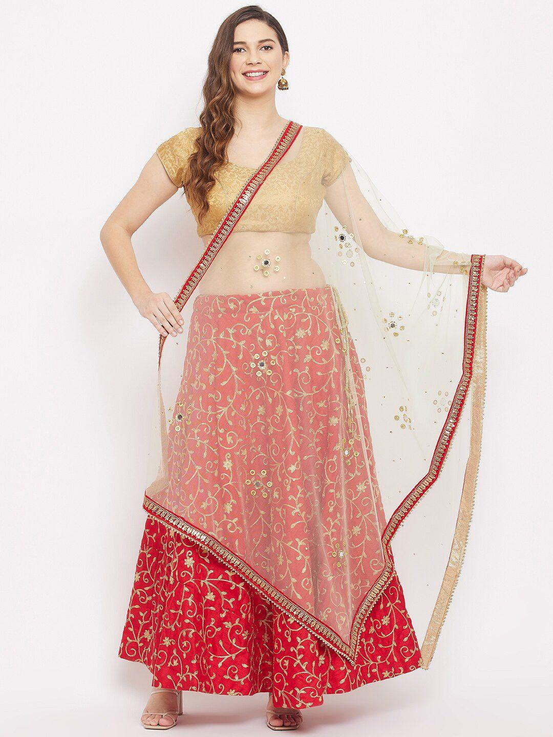 clora creation gold-toned & red ethnic motifs embroidered dupatta with beads and stones