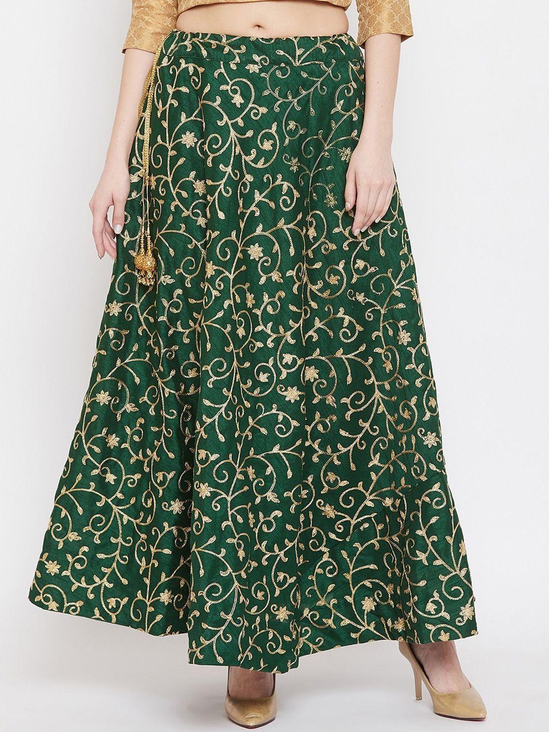 clora creation green & gold-coloured embroidered flared maxi skirt