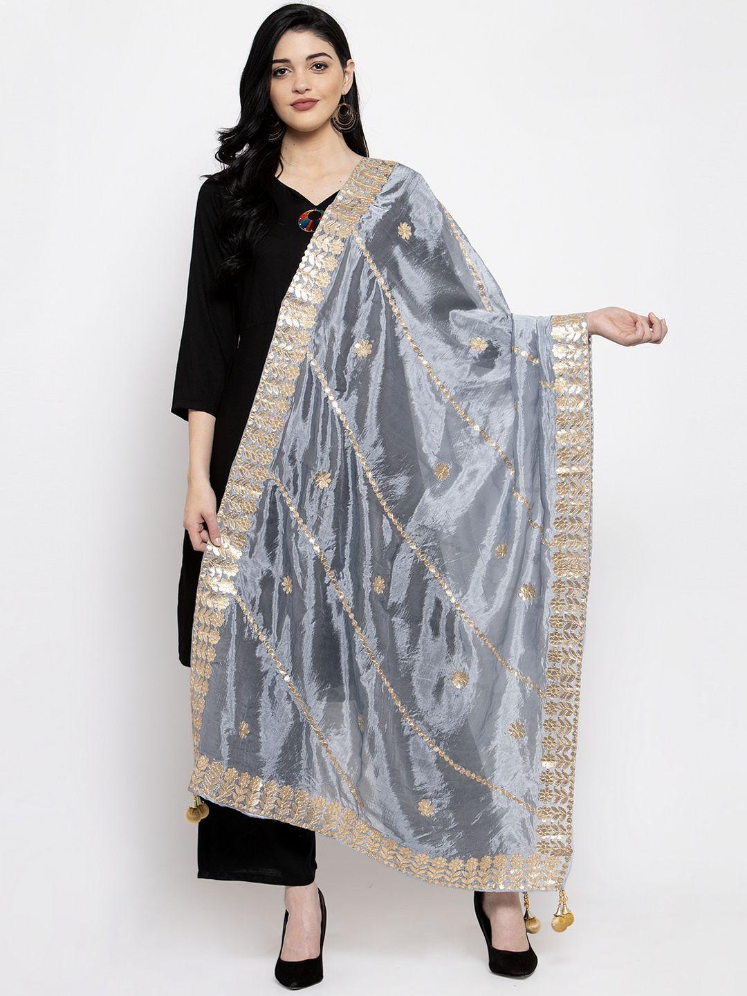 clora creation grey & gold-coloured gotta patti silk dupatta