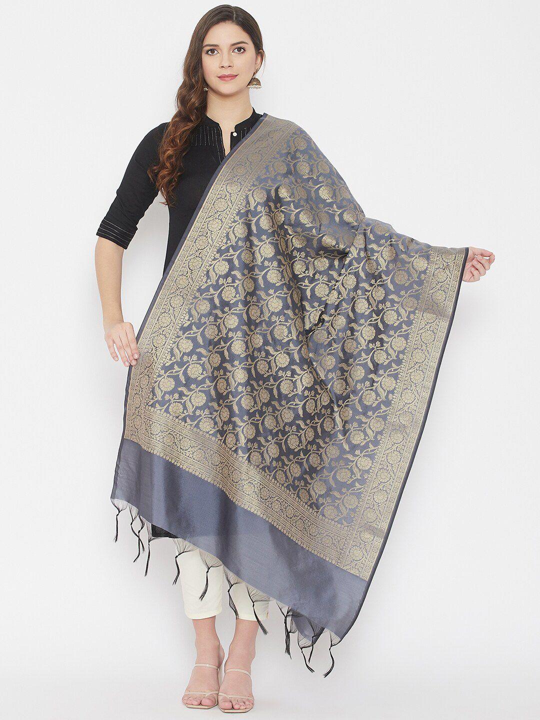 clora creation grey & gold-coloured woven design banarasi silk blend dupatta with zari