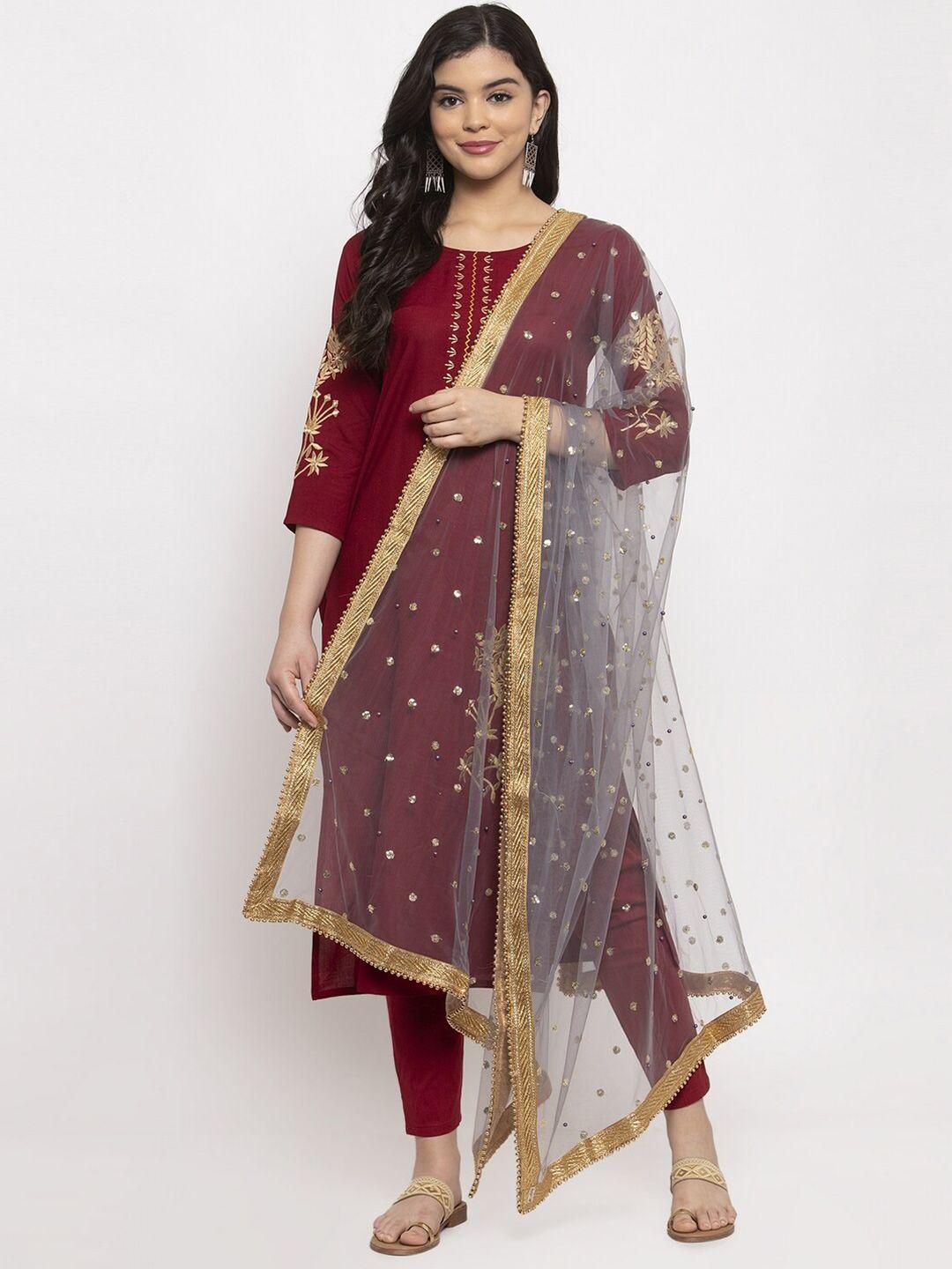 clora creation grey & gold embroidered dupatta with sequinned & gotta patti detail