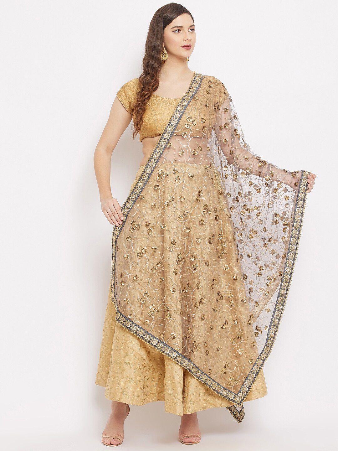 clora creation grey & gold-toned ethnic motifs embroidered net dupatta with sequinned