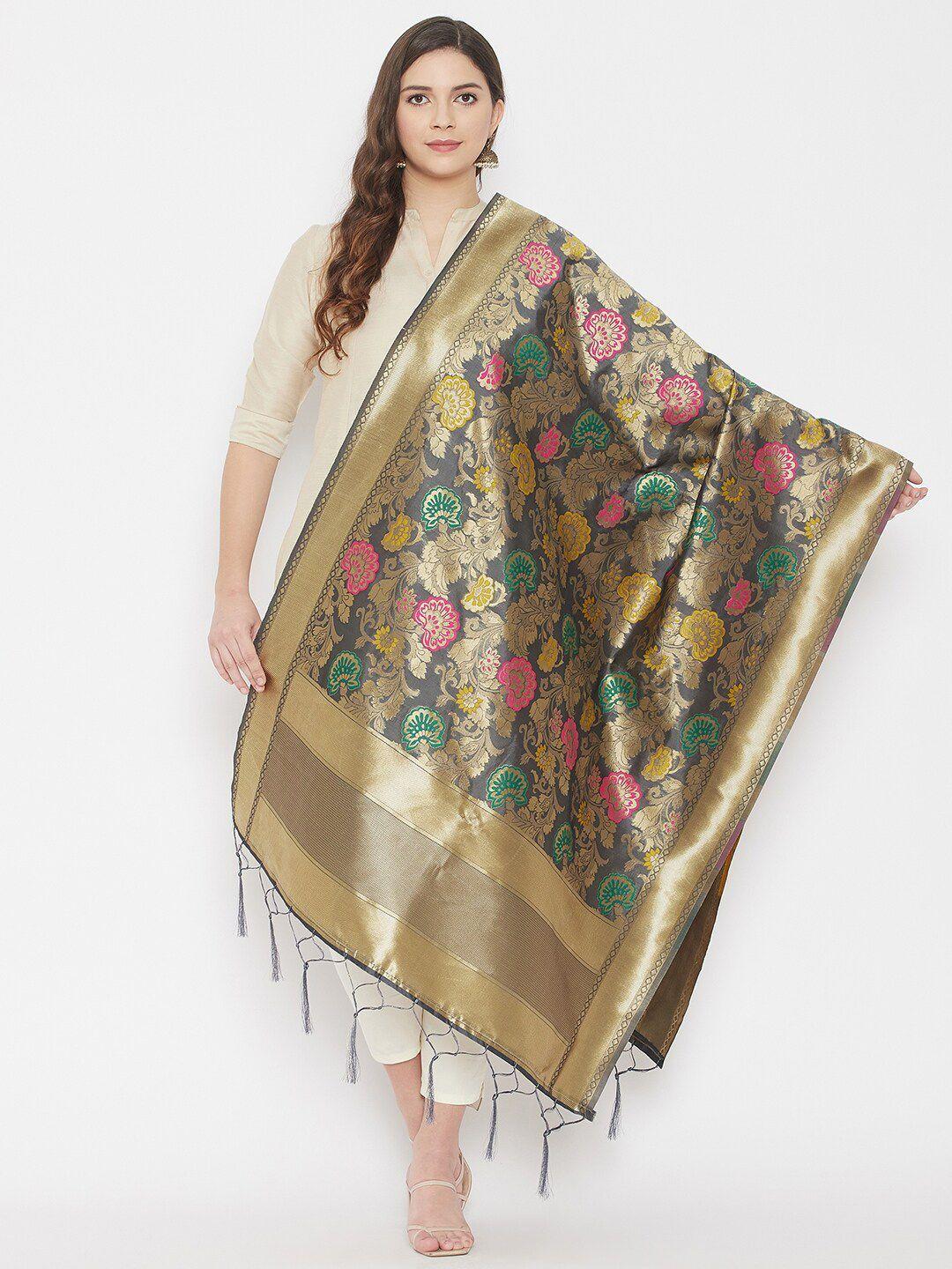 clora creation grey & gold-toned woven design dupatta