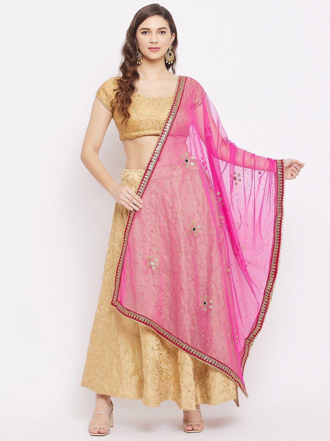 clora creation magenta & gold embroidered foil print dupatta with beads and stones