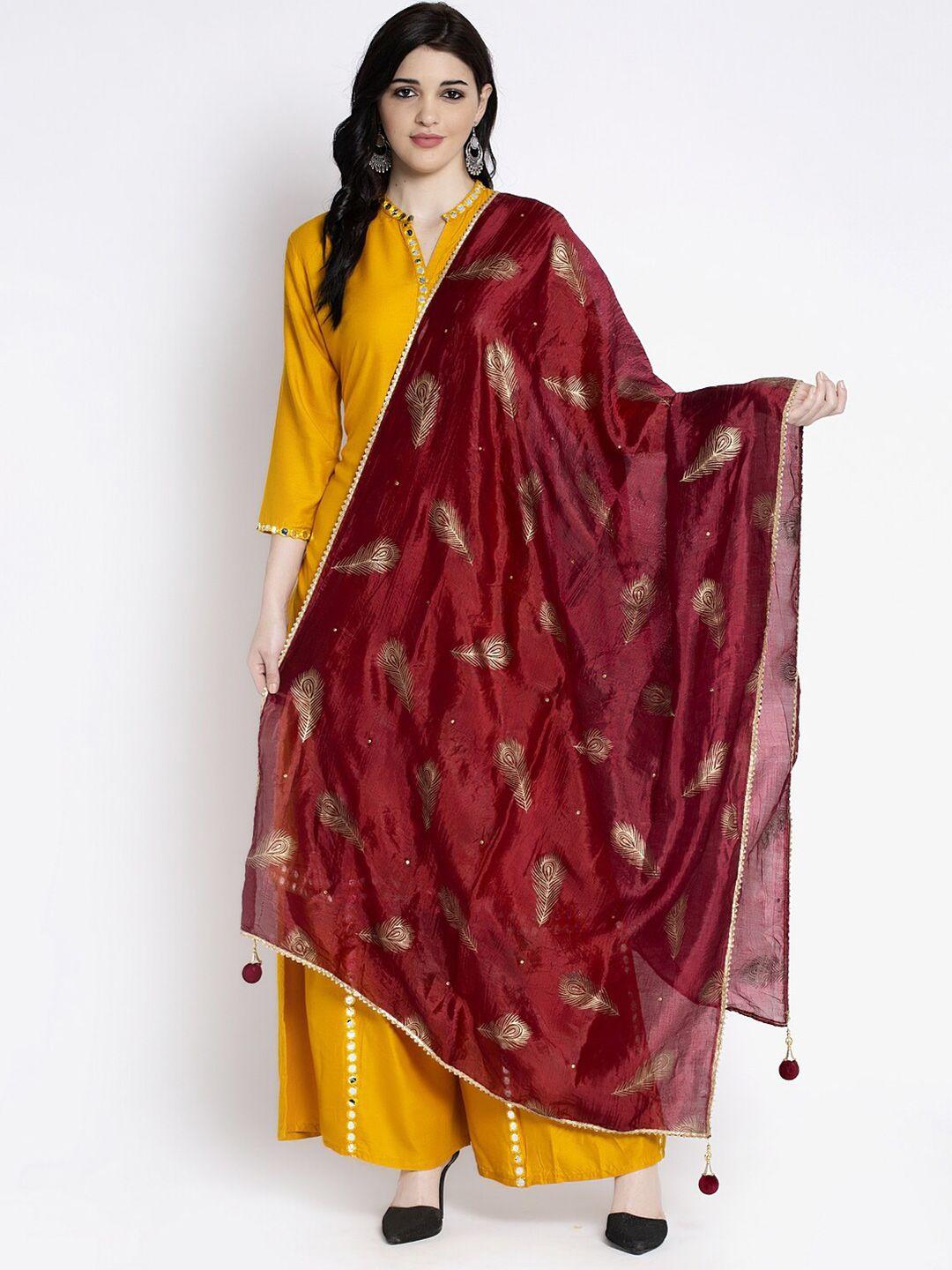 clora creation maroon & gold ethnic motifs printed dupatta with gotta patti border