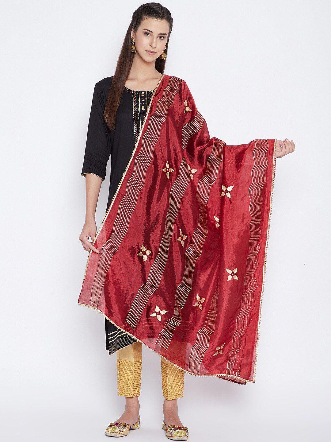 clora creation maroon & gold-toned embroidered dupatta with mirror work