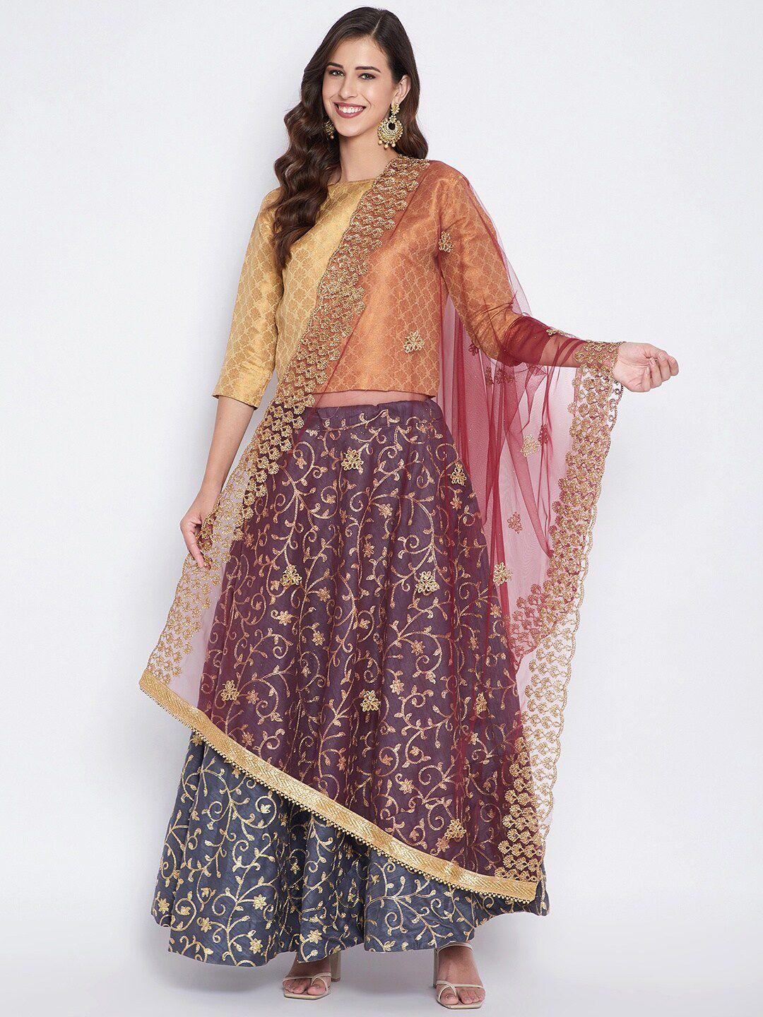 clora creation maroon & gold-toned embroidered dupatta with sequinned