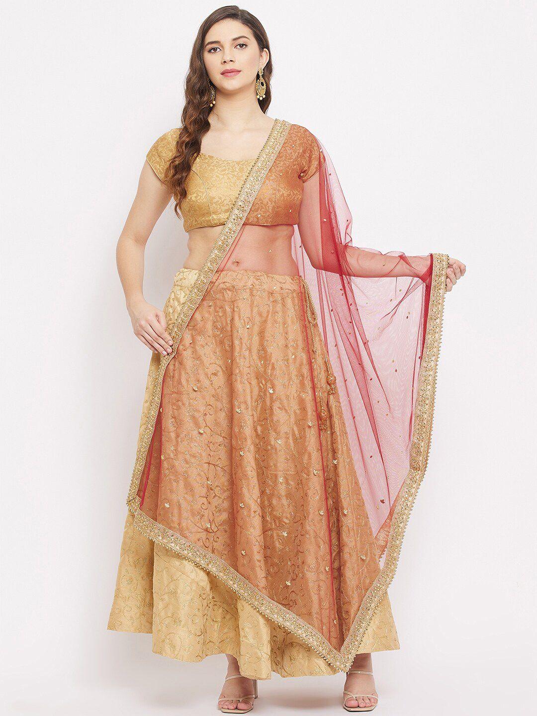 clora creation maroon & gold-toned embroidered dupatta with thread work