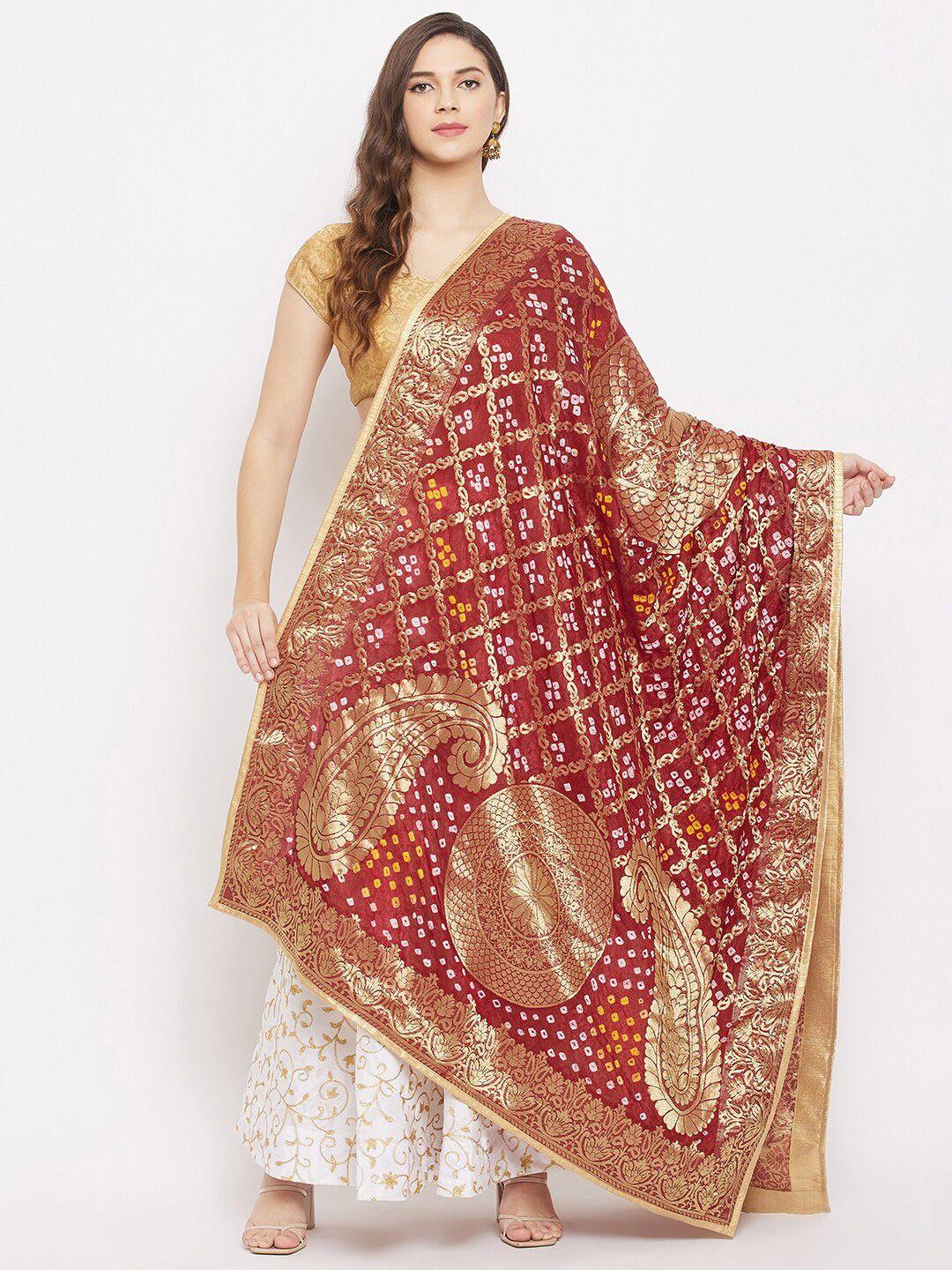 clora creation maroon & gold-toned ethnic motifs woven design dupatta