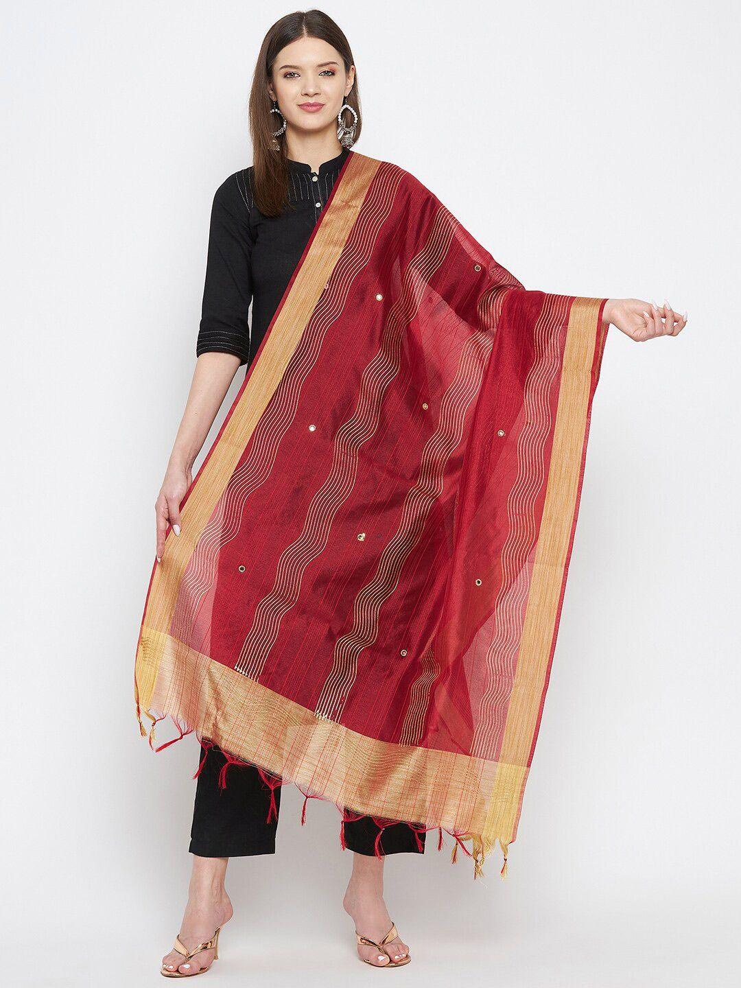 clora creation maroon & gold-toned striped dupatta with beads and stones
